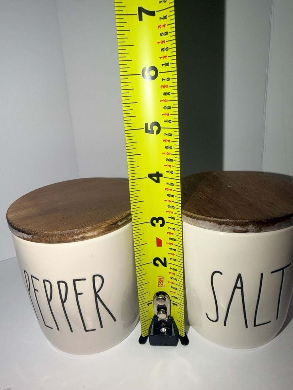 Rae Dunn Artisan Collection Pepper and Salt Ceramic Canisters with Wood Lids